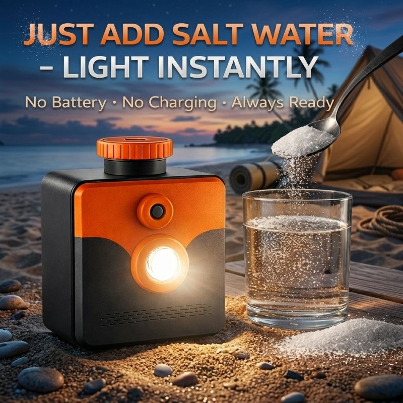 Power Outage Light - 海水ランプ。海水で発電する非常用ライト。250ルーメン、400時間の点灯時間。バッテリー不要。キャンプ、ハイキング、停電時などに最適。
